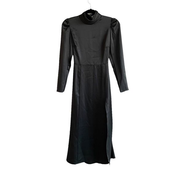 (SOLD) ARITZIA Wilfred Baja Satin Long Sleeve Mock-Neck Midi Maxi Dress Scarab 0 - Picture 9 of 12